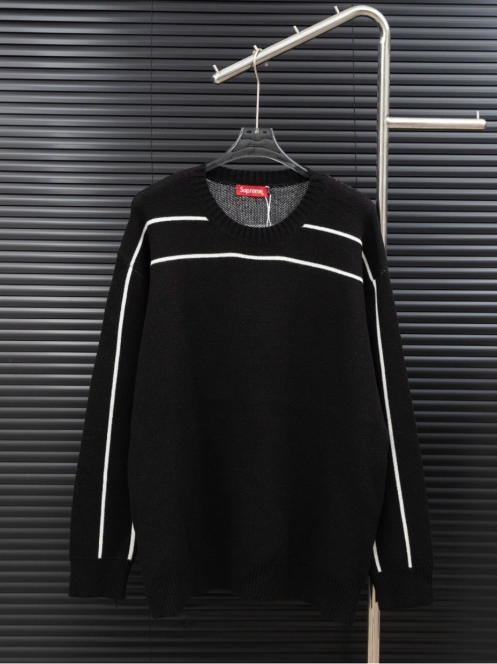 Suprem Black Crewneck Sweater with White Stripe Accents